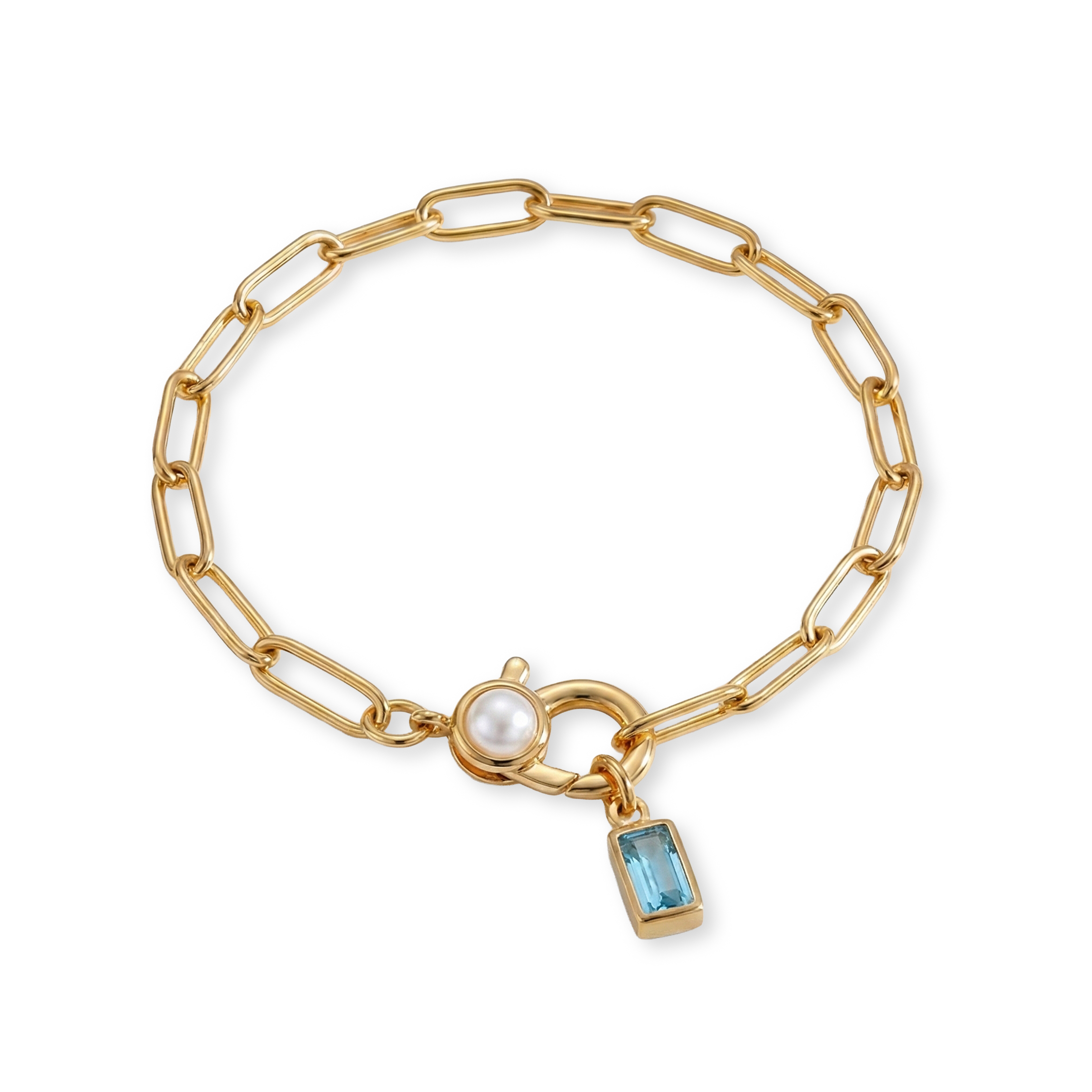 Paperclip Bracelet with Pearl Accent with Dainty Baguette Birthstone Charm