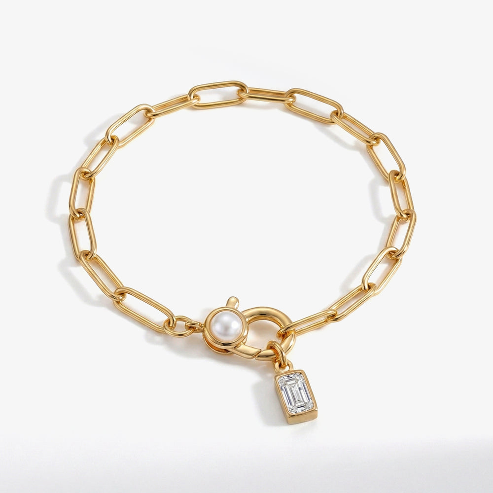 Paperclip Bracelet with Pearl Accent with Dainty Baguette Birthstone Charm - Gold / April Diamond / 8"