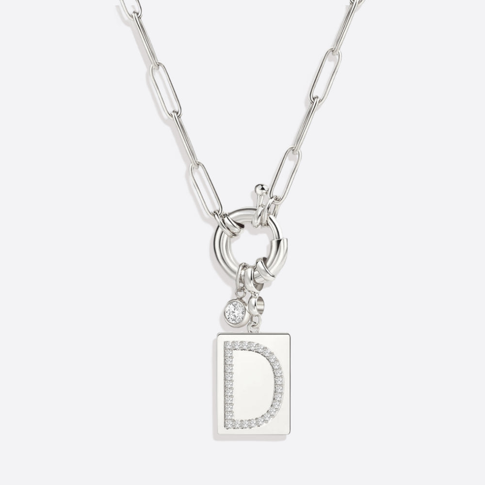 Collar con dije de pavé con inicial y cadena con clip - Silver / D / 18"