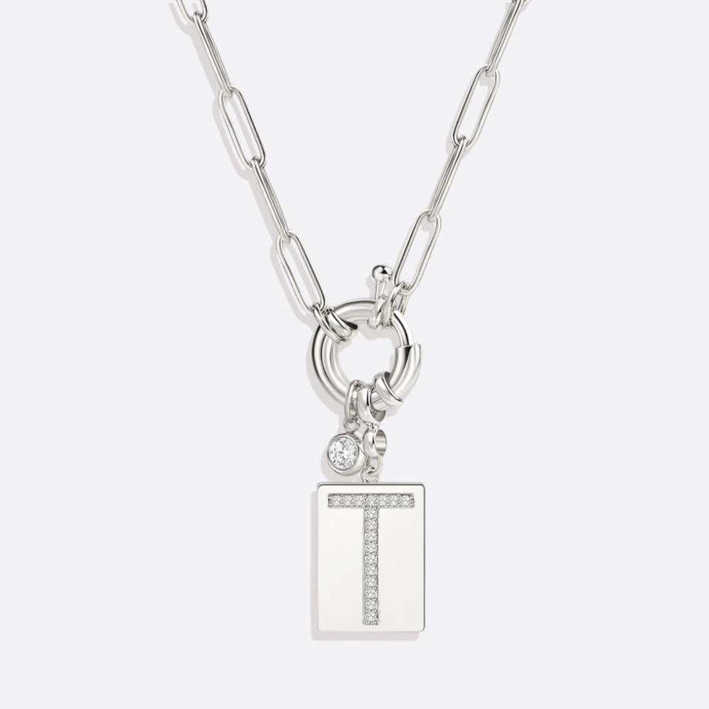 Collar con dije de pavé con inicial y cadena con clip - Silver / T / 24"