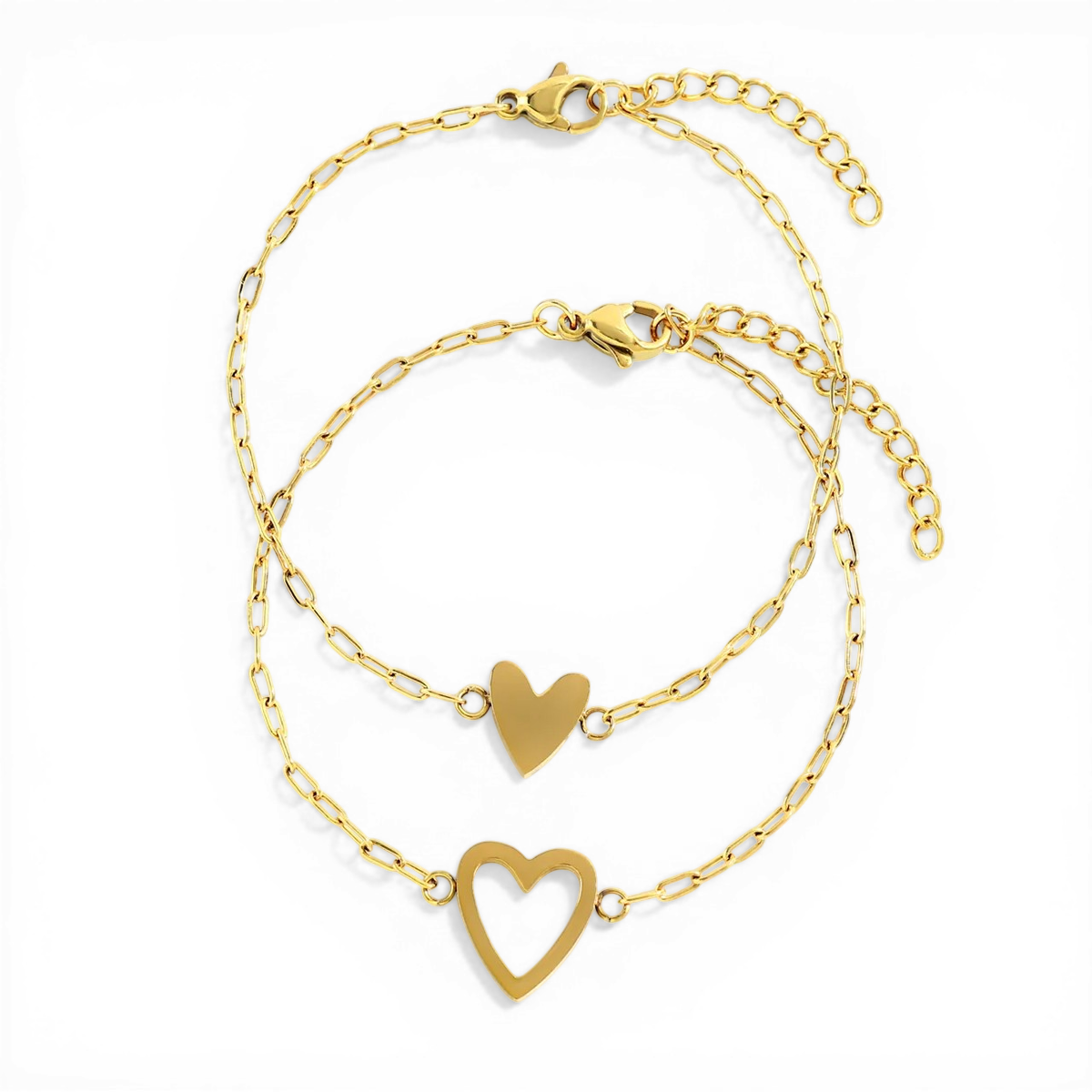 Gold chain bracelet with heart-shaped charms on a white background