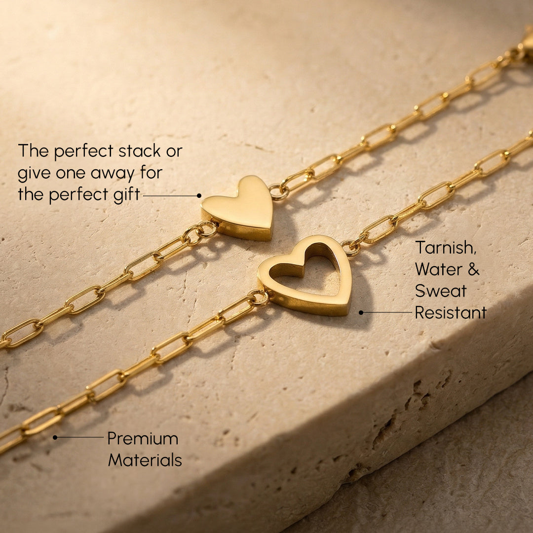 Gold heart-shaped necklace on a textured surface with text highlighting features.