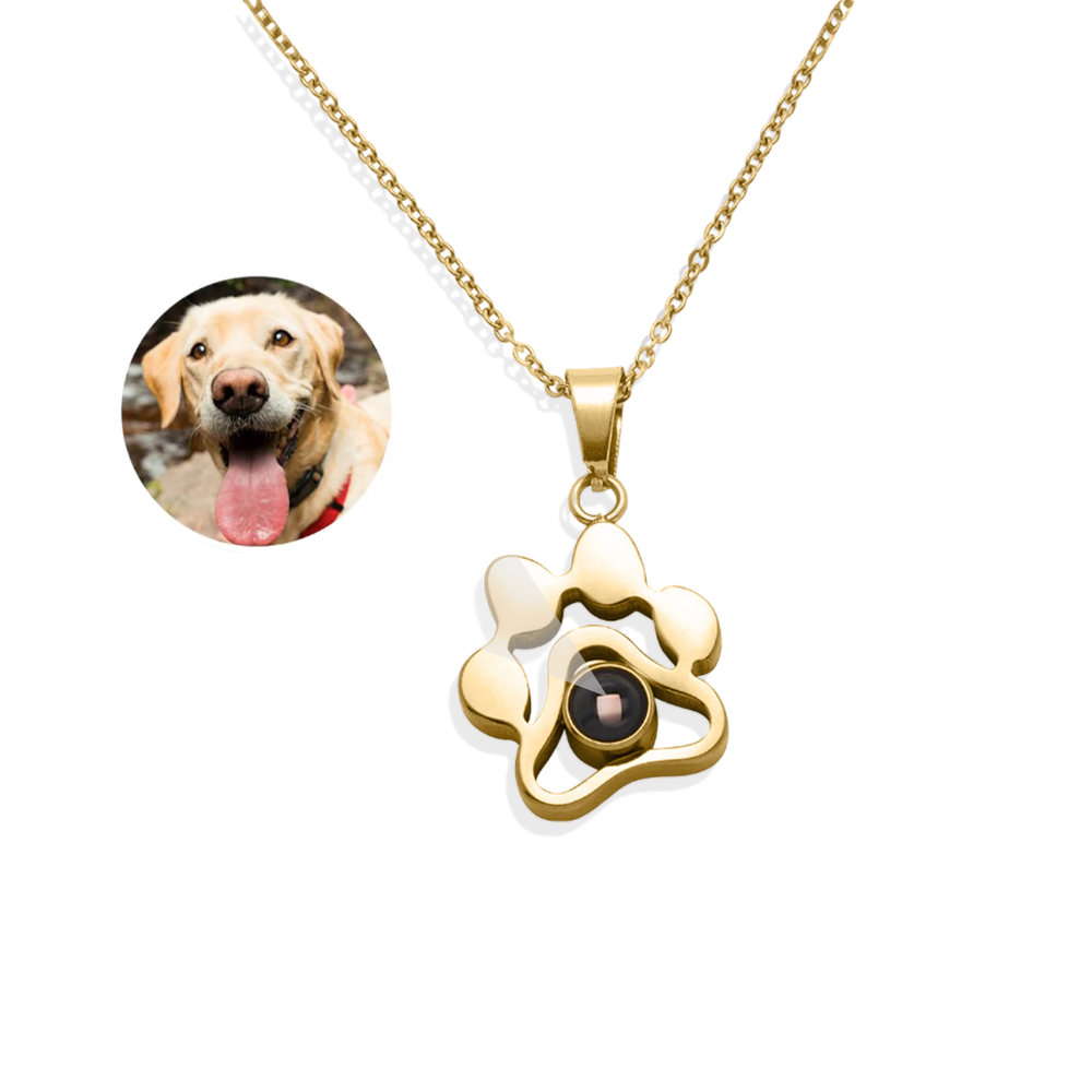 A personalized pet photo necklace with a gold-colored chain and a paw-shaped charm containing a photo of a dog.