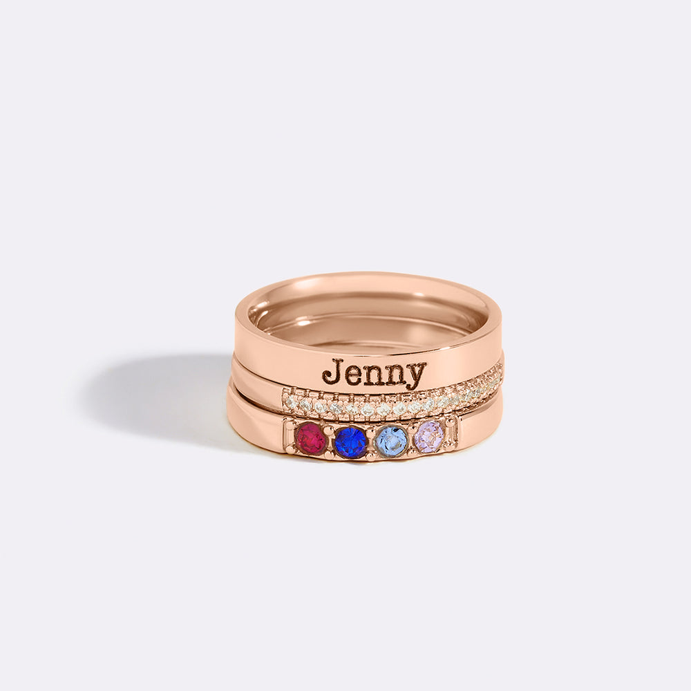 Personalized Name Birthstones Stacking Rings - 18k Rose Gold Plated / 6