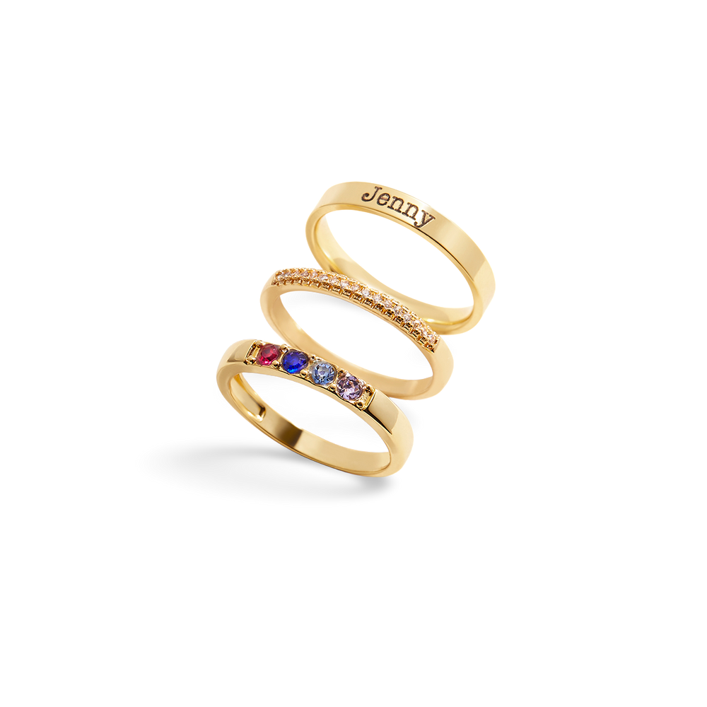 Personalized Name Birthstones Stacking Rings - Gold / 5