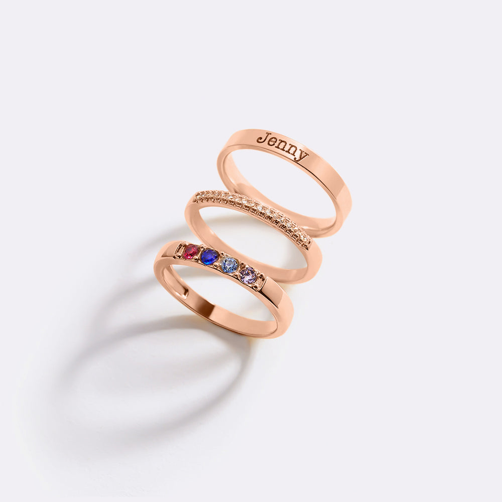 Personalized Name Birthstones Stacking Rings - 18k Rose Gold Plated / 6