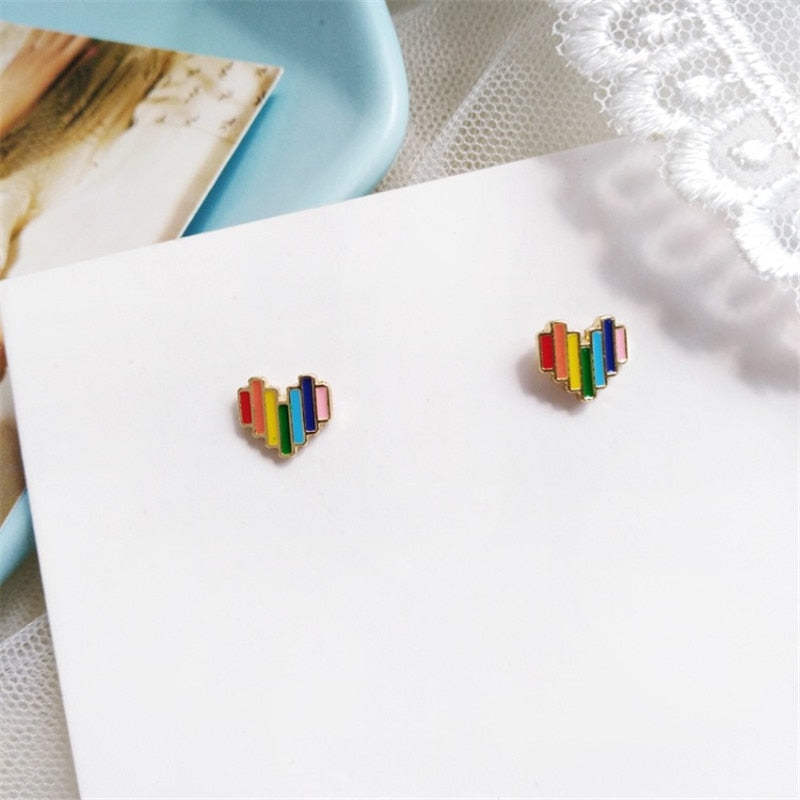 Pixel Heart Rainbow Stud Earrings - Default Title