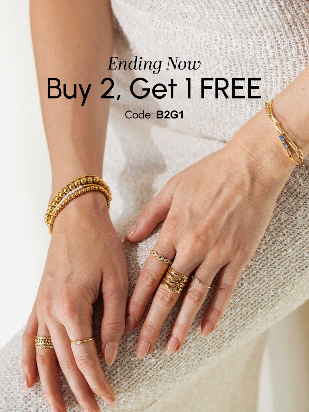 Two hands wearing gold jewelry with a promotional text overlay on a light background