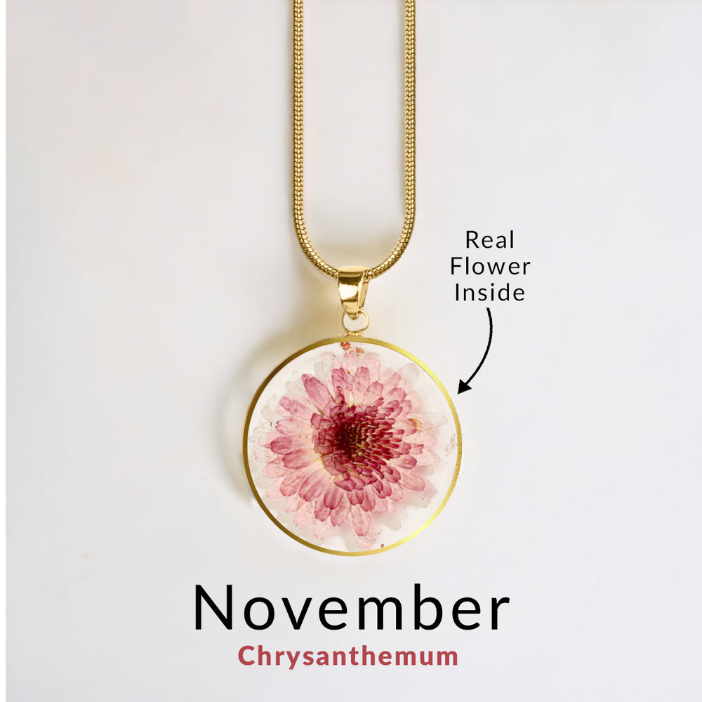 Collar de flor de nacimiento prensada - Chapado en oro de 18 quilates. / Noviembre / 1.2"