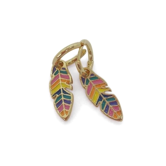 A pair of gold-plated earrings shaped like feathers with a multicolored rainbow pattern.