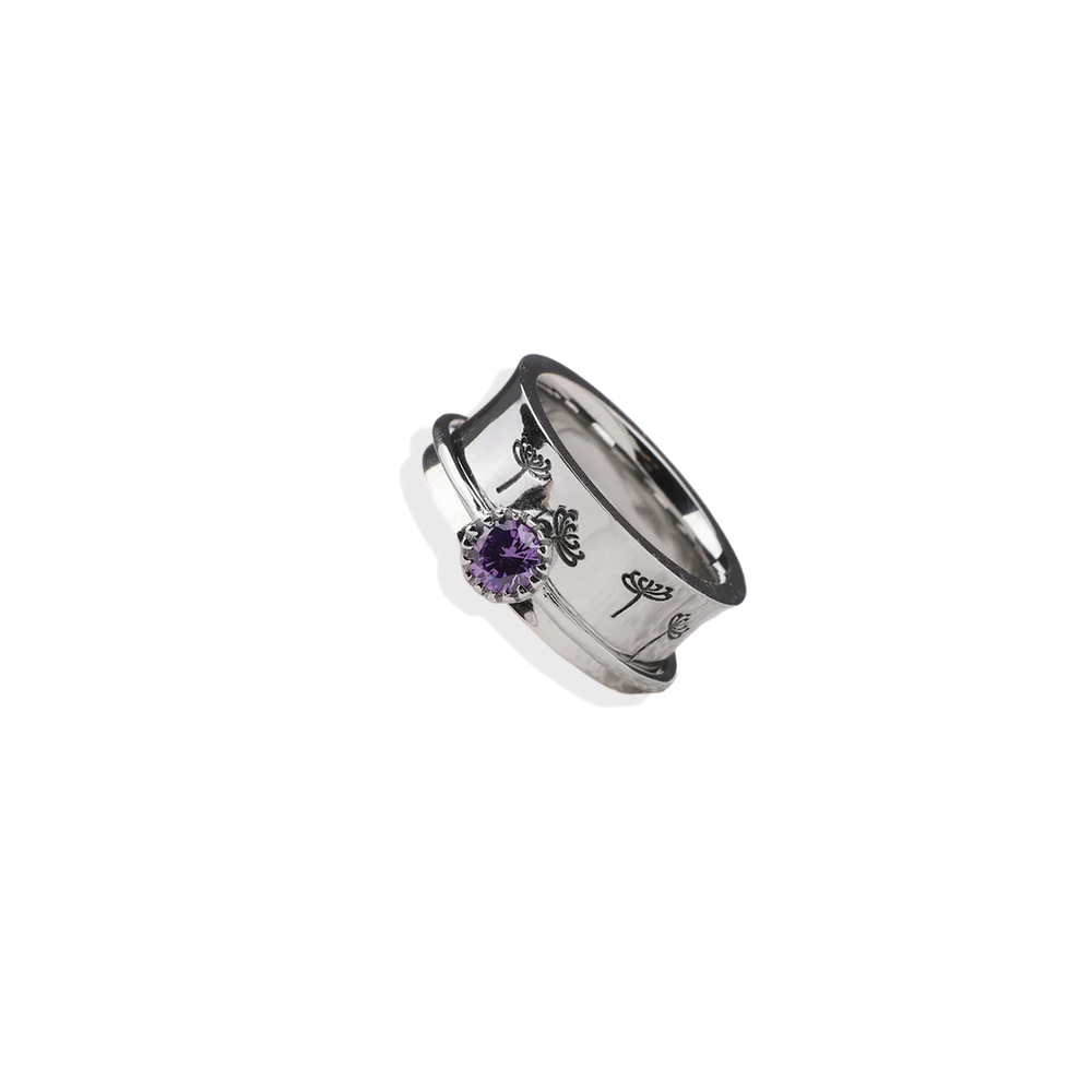 Silver Dandelion Birthstone Spinning Fidget Ring - 4 / January - Garnet