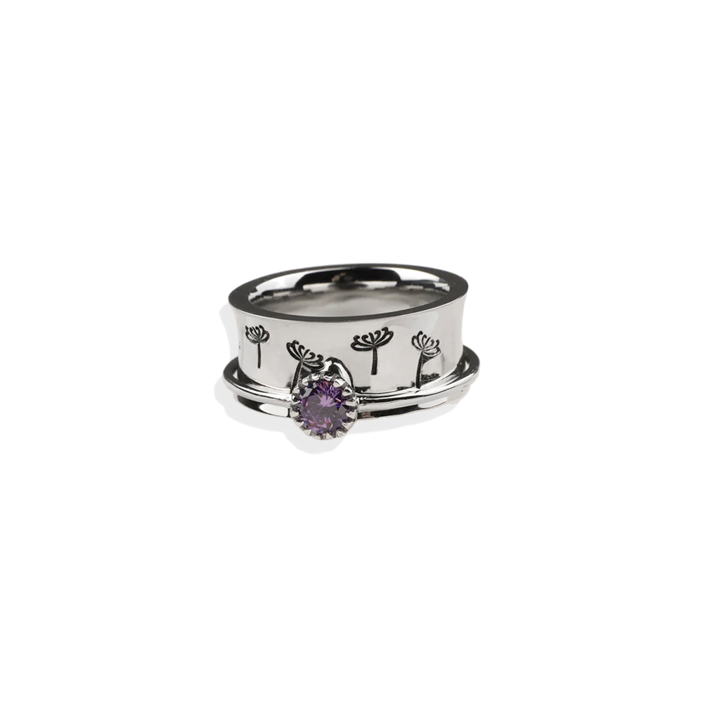 Silver Dandelion Birthstone Spinning Fidget Ring - 4 / January - Garnet