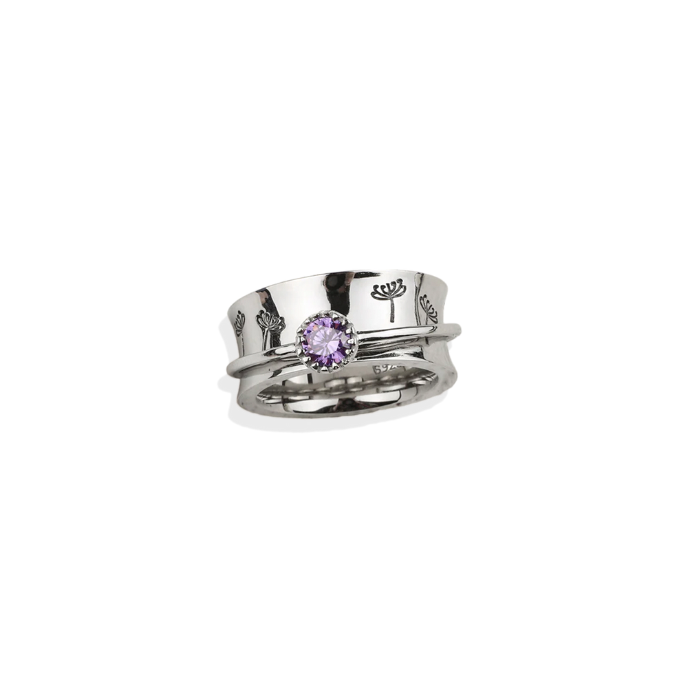 Silver Dandelion Birthstone Spinning Fidget Ring - 4 / January - Garnet