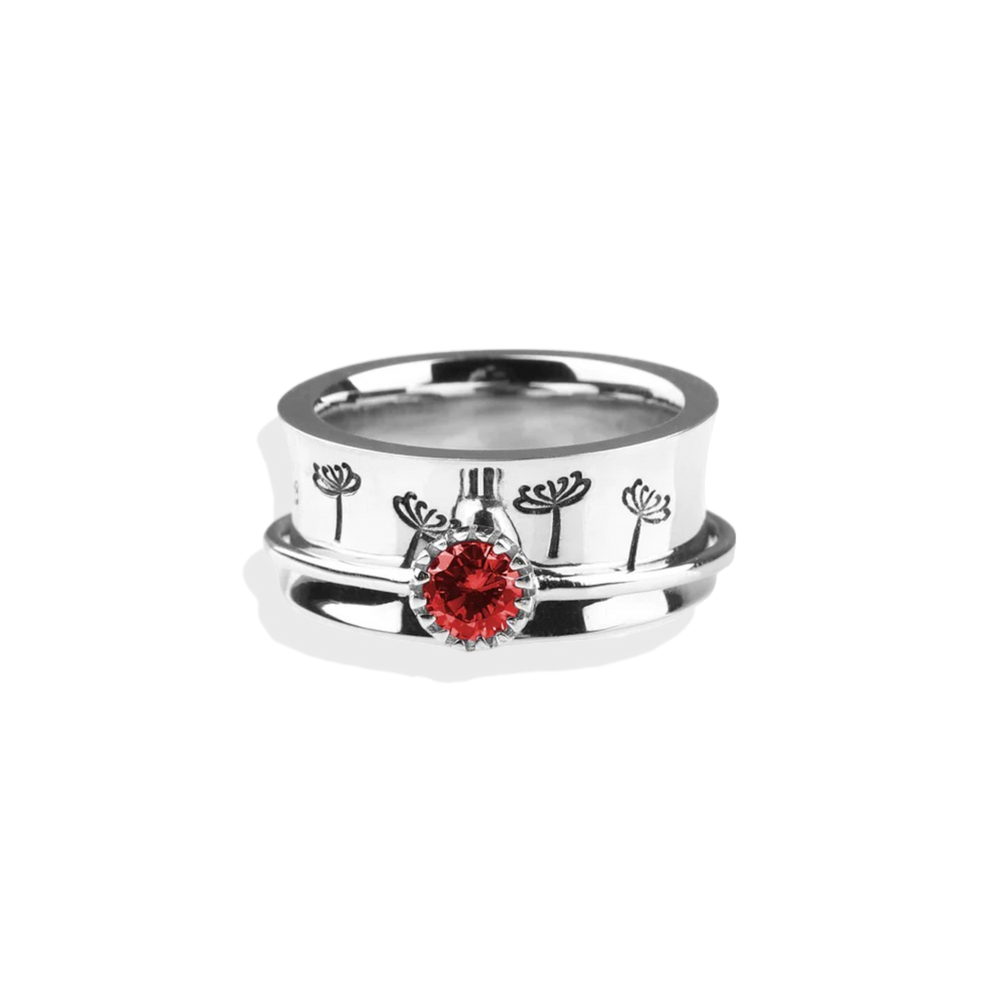 Silver Dandelion Birthstone Spinning Fidget Ring - 4 / January - Garnet