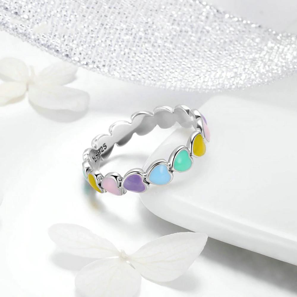 Rainbow Heart Band Ring - Pastel / 11