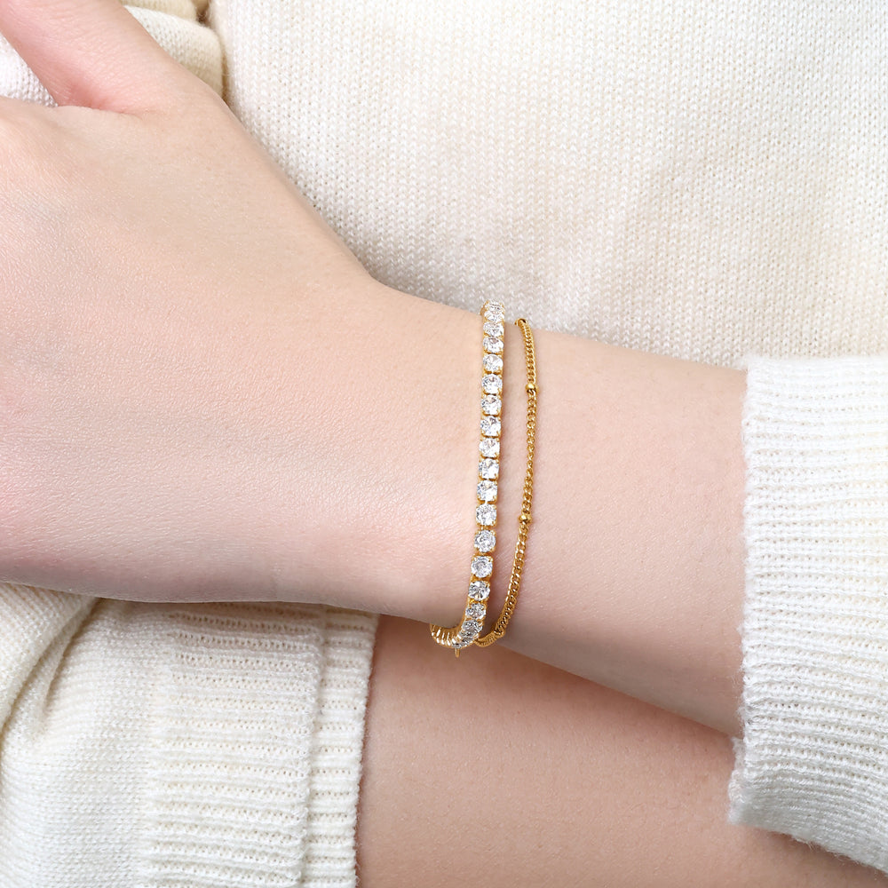 Tennis Bracelet and Satellite Chain Bracelet Bundle - Gold / 7"