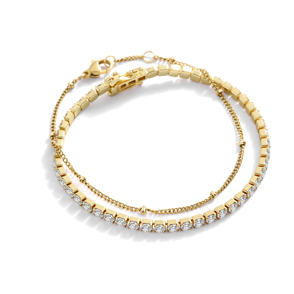 Tennis Bracelet and Satellite Chain Bracelet Bundle - 18k Gold Plated / 7"