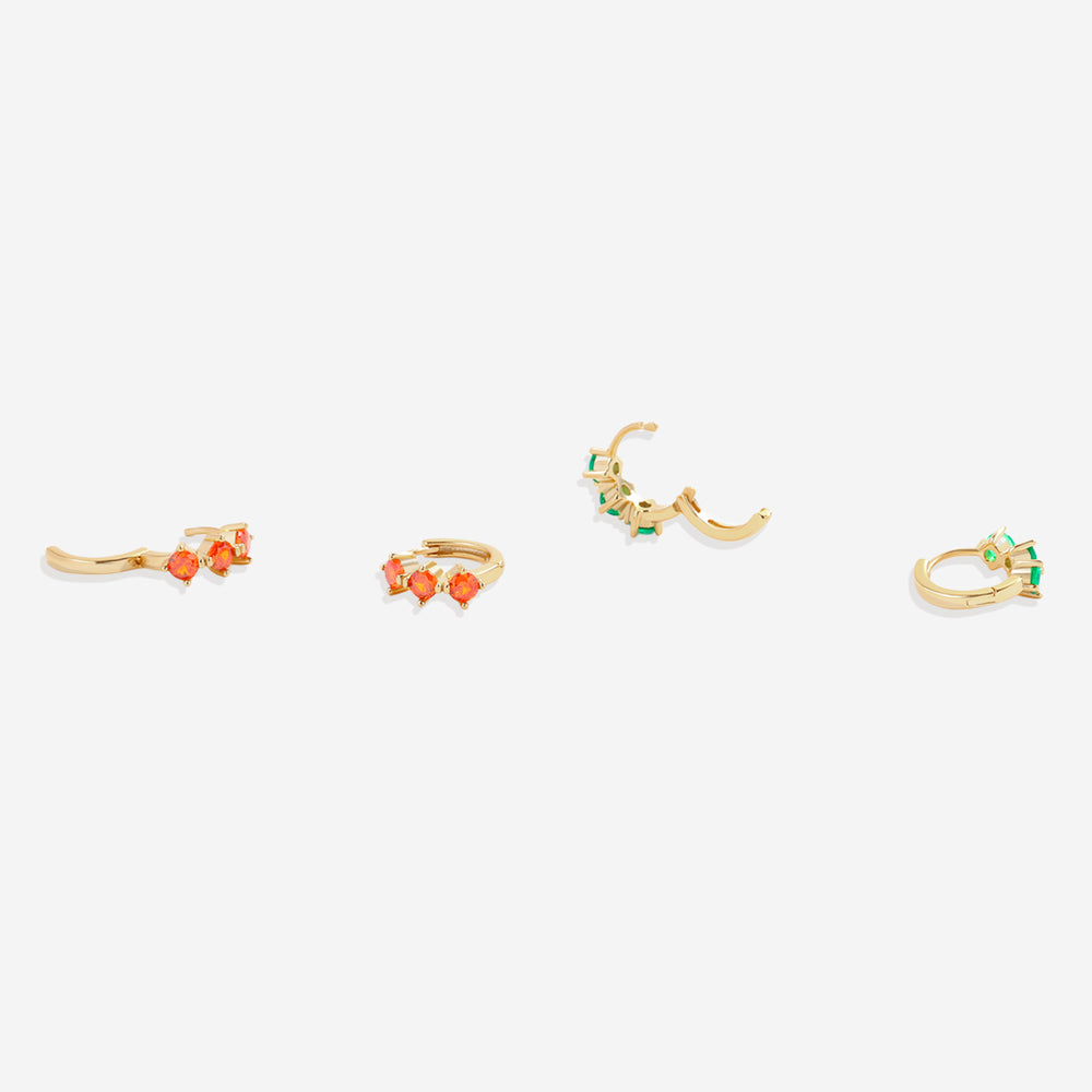 Three-Stone Birthstone Huggie Hoops - January Garnet