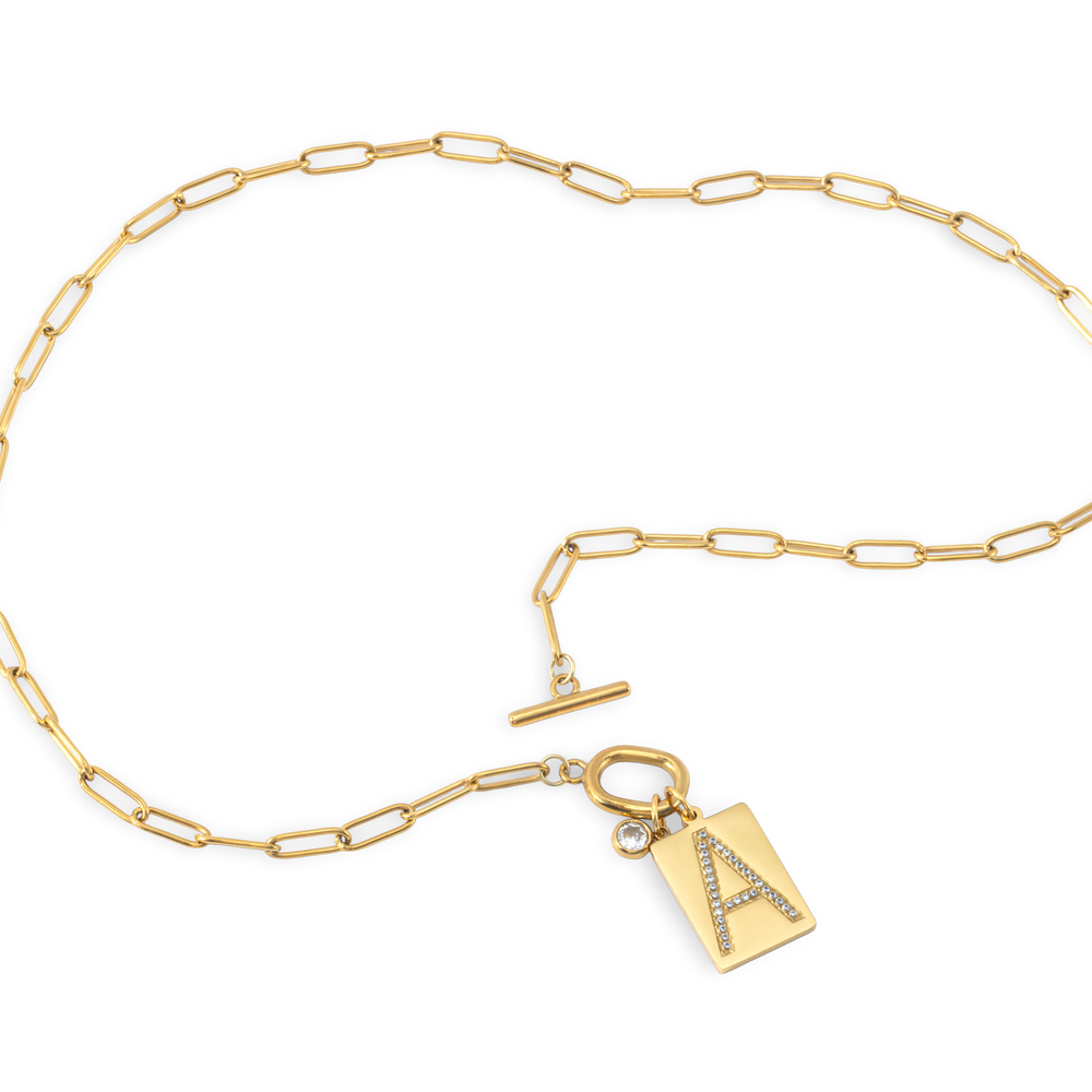 Toggle Necklace with Pave Initial Pendant - Gold / A / 18"