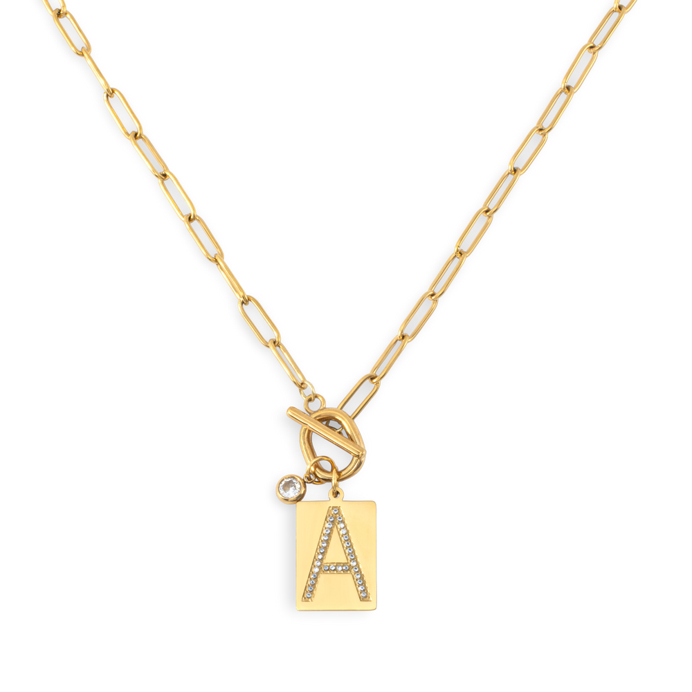 Toggle Necklace with Pave Initial Pendant - Gold / A / 18"