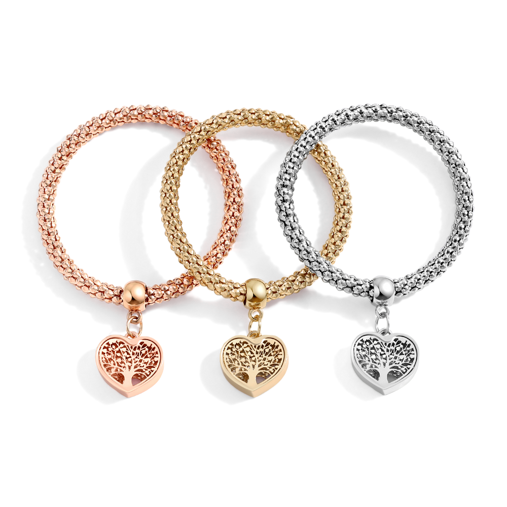 Three bracelets in rose gold, yellow gold, and silver with heart-shaped charms on a white background.