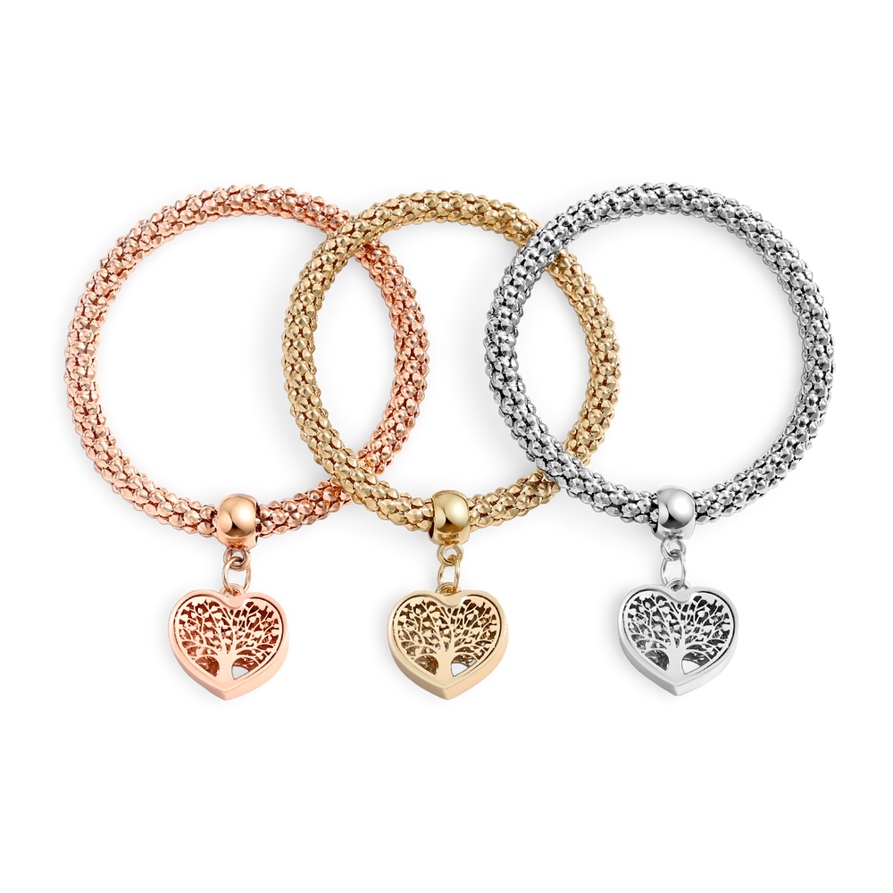 Three bracelets in rose gold, yellow gold, and silver with heart-shaped charms on a white background.