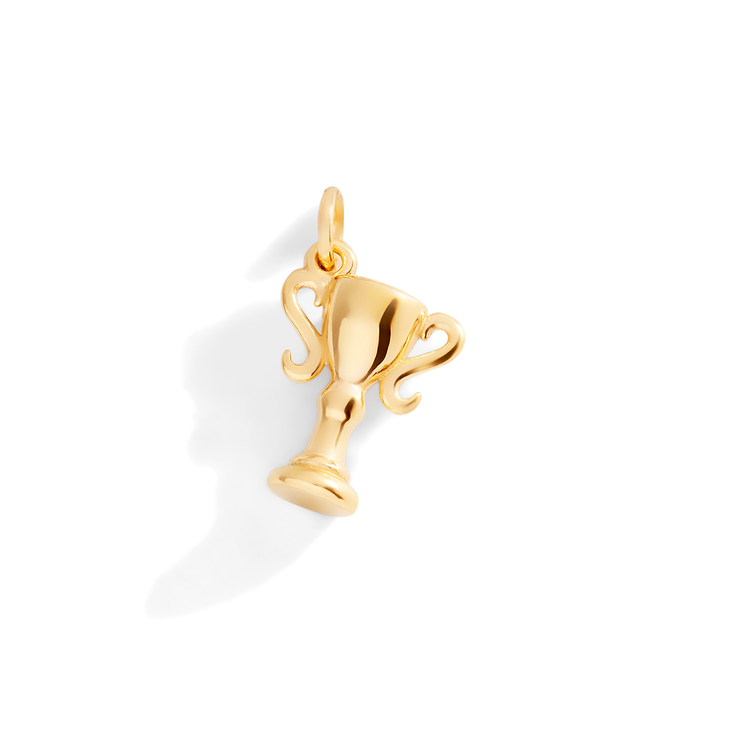 Gold trophy-shaped pendant on a light gray background