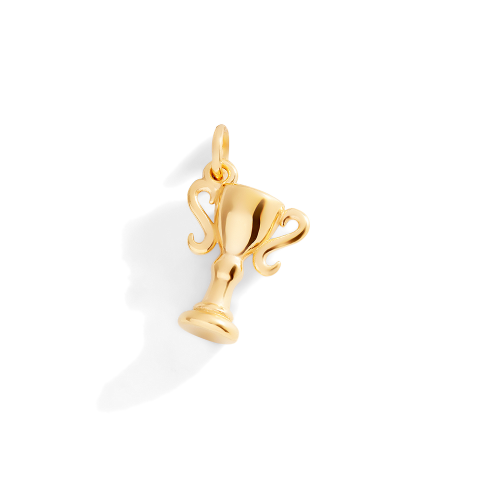 Gold trophy-shaped pendant on a light gray background