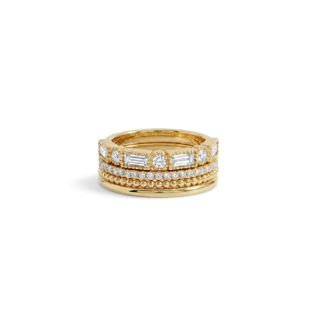 Vintage Maximalist Ring Stack: four gold stacking rings shown together on a white background