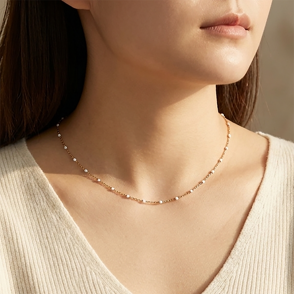 White Beaded Station Necklace - Gold / 16" + 2"