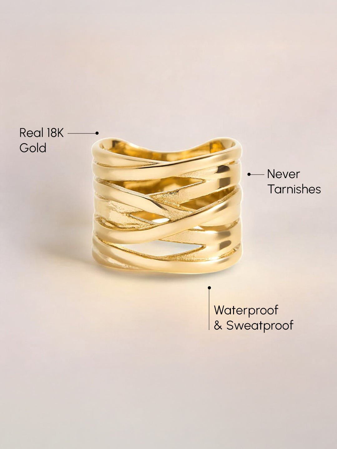Gold ring with text highlighting features on a light background