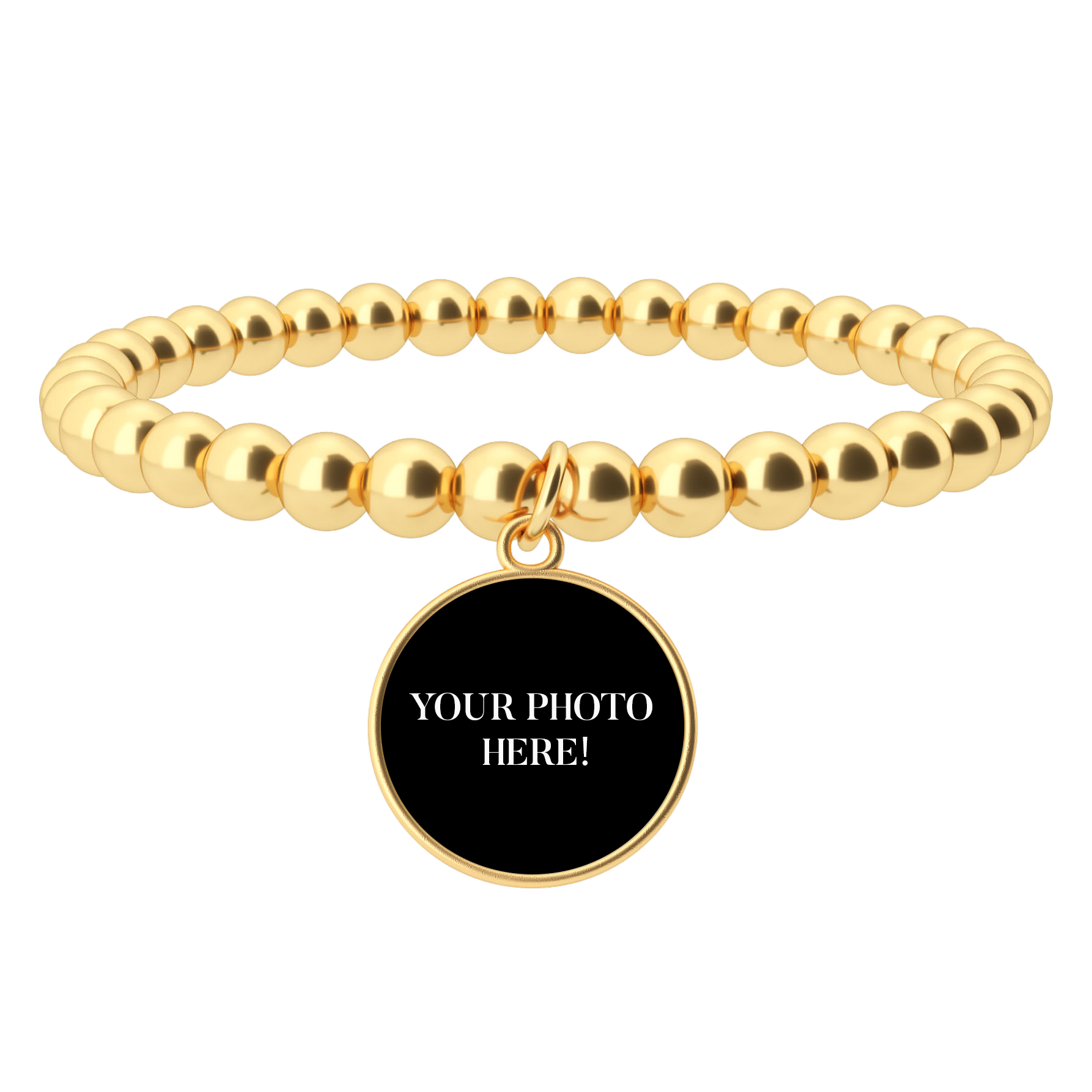 Gold beaded bracelet with a black round charm on a white background