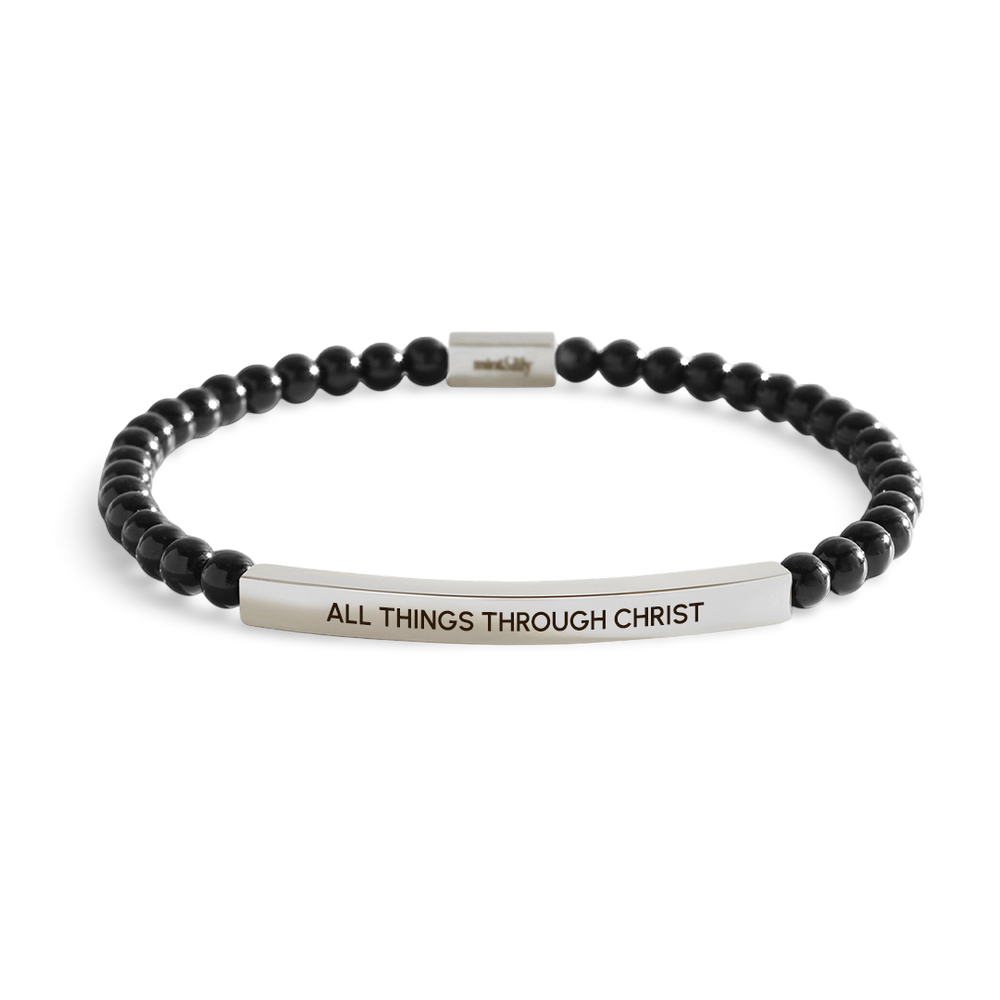 Black beaded bracelet with a silver bar featuring 'All Things Through Christ' on a white background