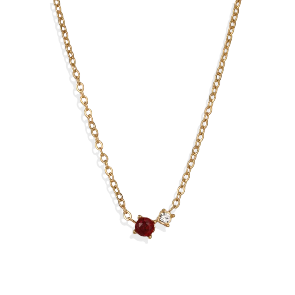 Dainty Birthstone Solitaire Necklace with Diamond Accent - January Garnet