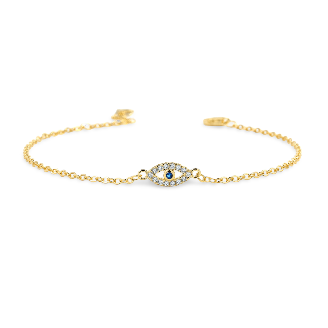 Gold bracelet with a blue gemstone on a light gray background