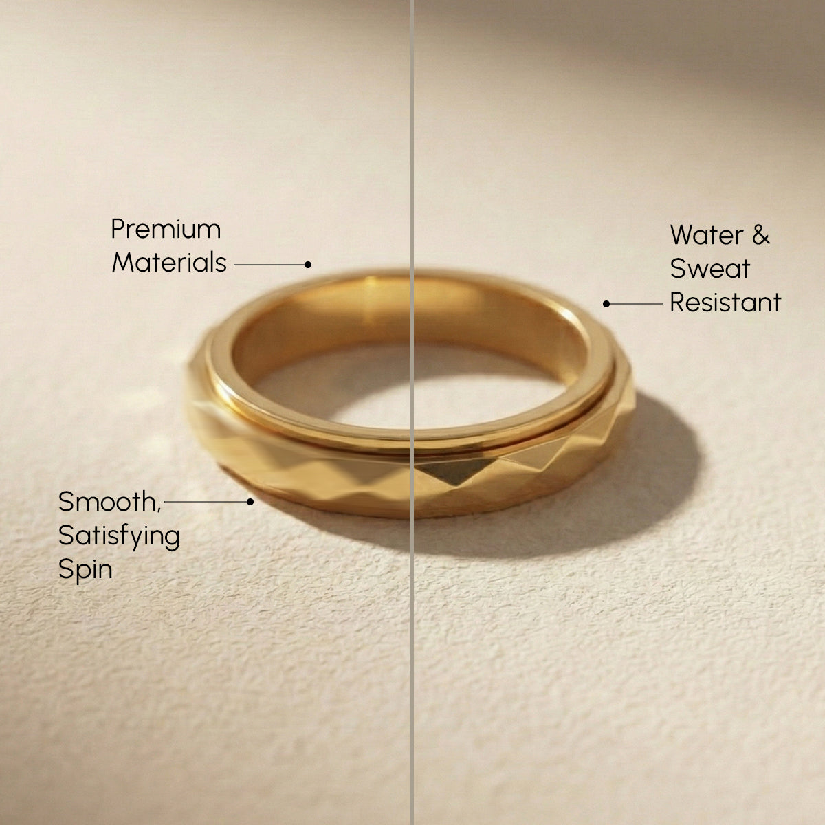 Gold ring with text highlighting features on a beige background