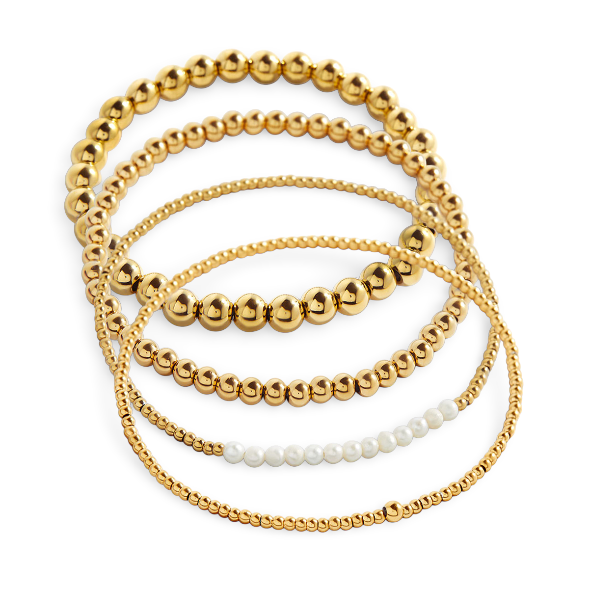 Set of gold beaded bracelets on a white background