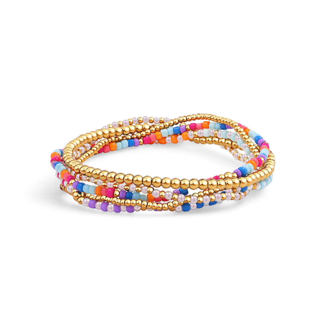 A set of colorful beaded bracelets with gold-tone accents, designed for stacking.