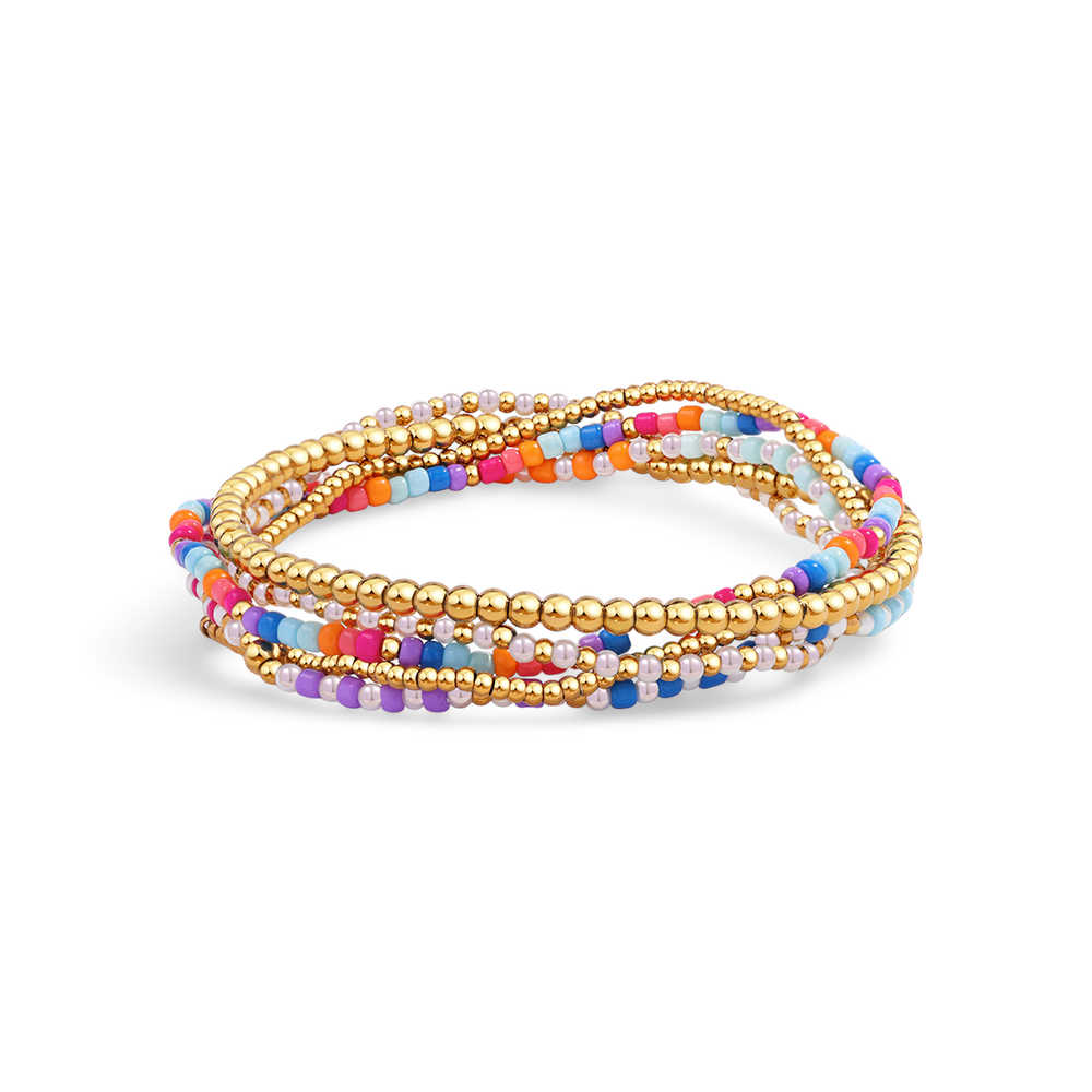 A set of colorful beaded bracelets with gold-tone accents, designed for stacking.
