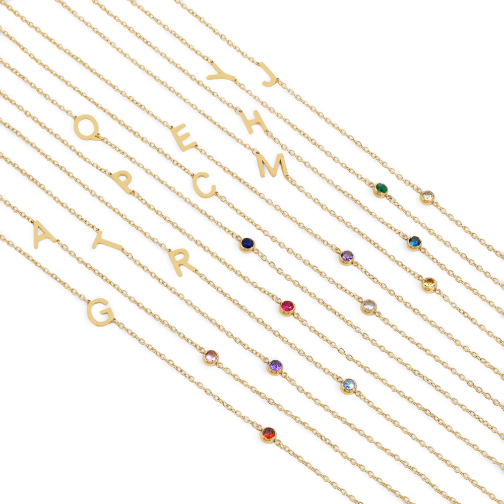 Initial Necklace with Birthstone Accent - Gold / March Aquamarine