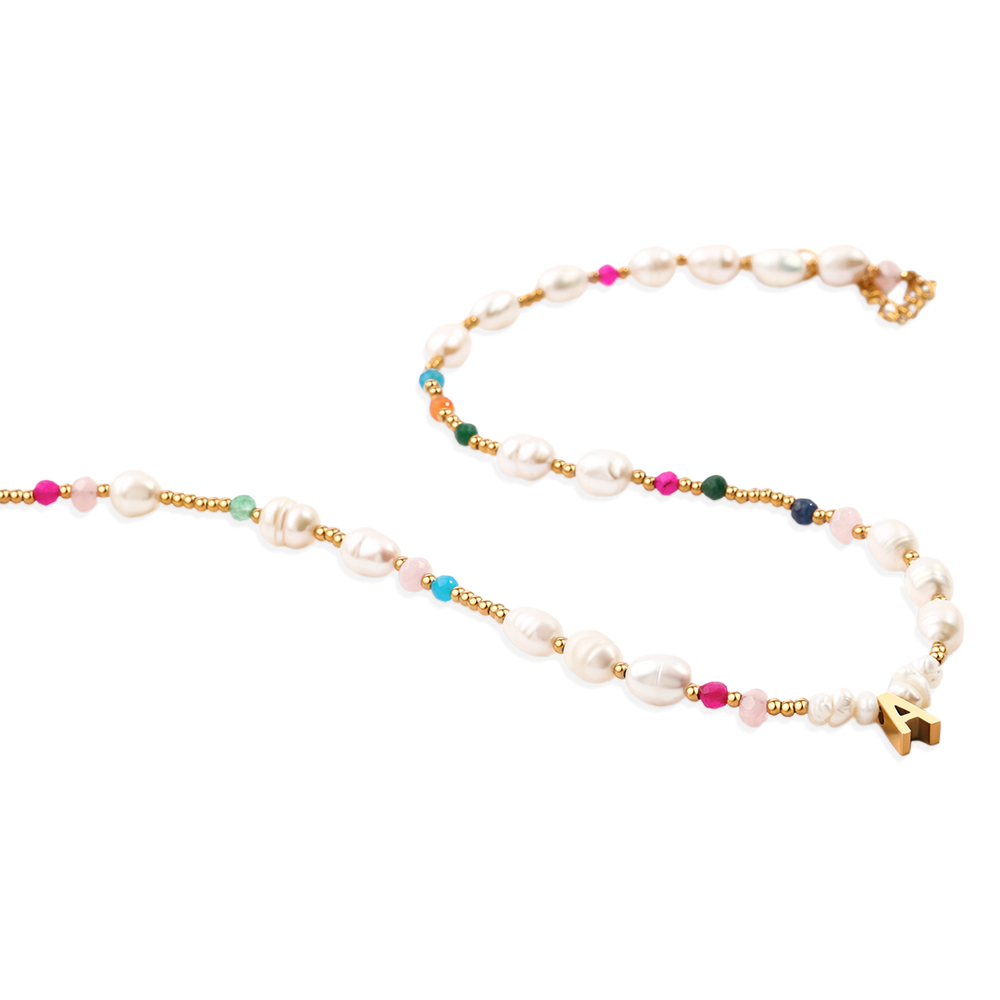 Gemstone and Pearl Initial Necklace - A