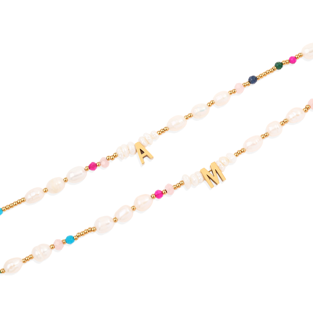 Gemstone and Pearl Initial Necklace - A
