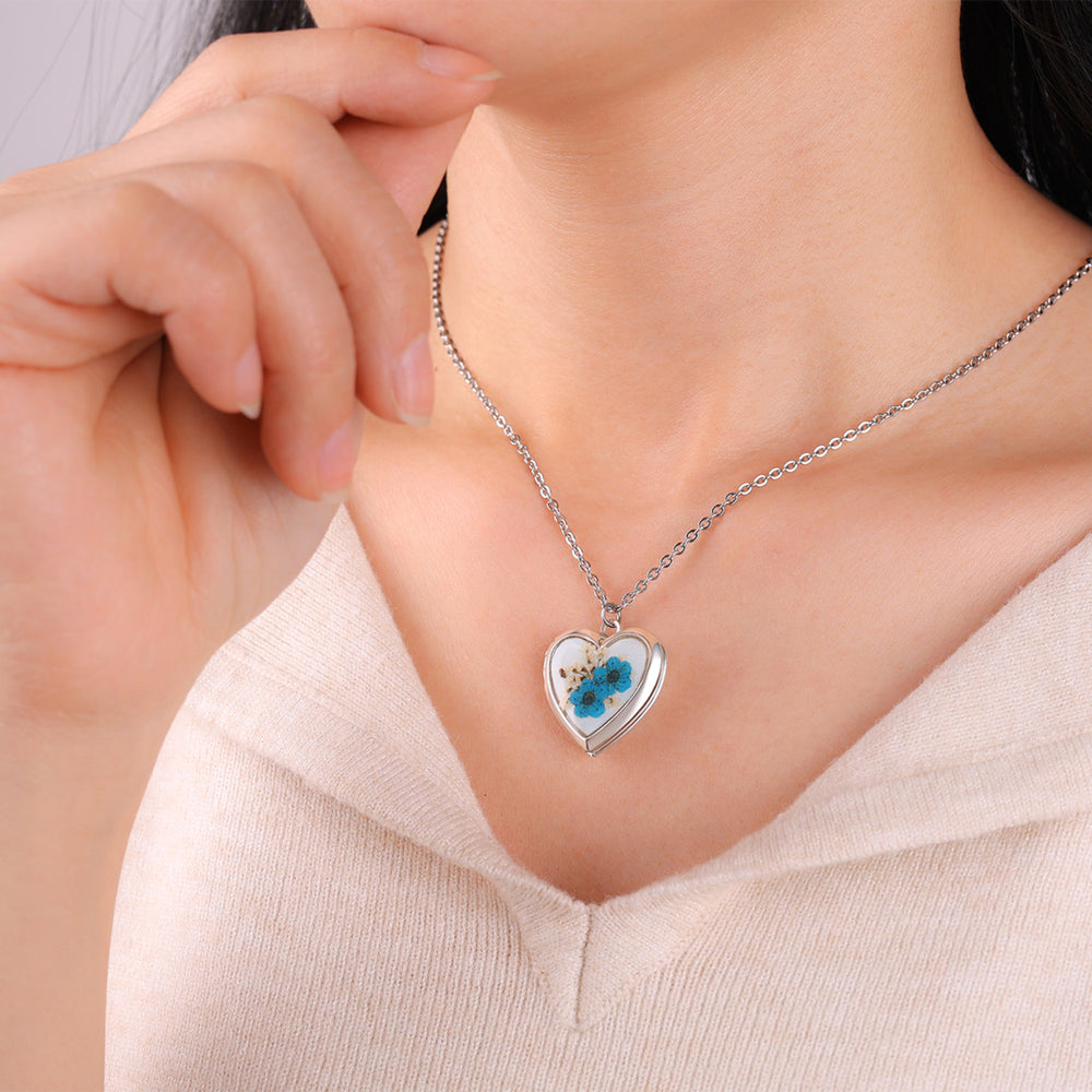 Handmade Pressed Flower Photo Heart Locket - Silver / Blue Forget-Me-Not