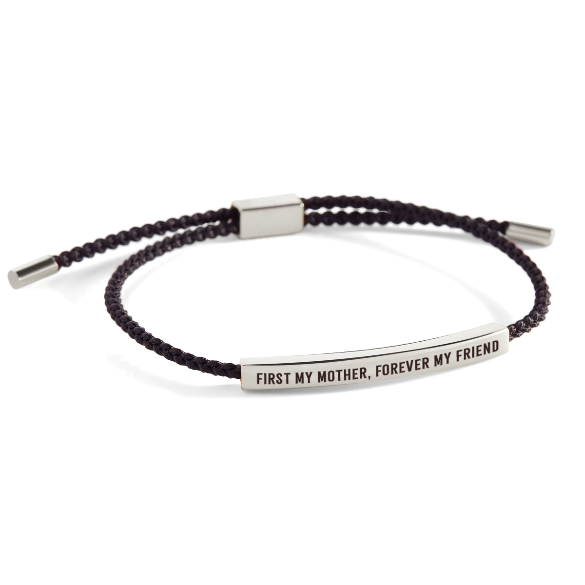 A dark-colored bracelet with metal accents and an inscription that reads 'first my mother, forever my friend'.