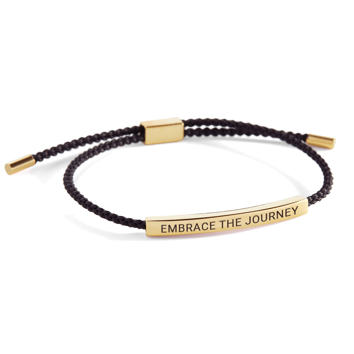 A dark-colored inspire bracelet with 'EMBRACE THE JOURNEY' written on it, displayed against a white background with the text 'embrace the journey' above it.