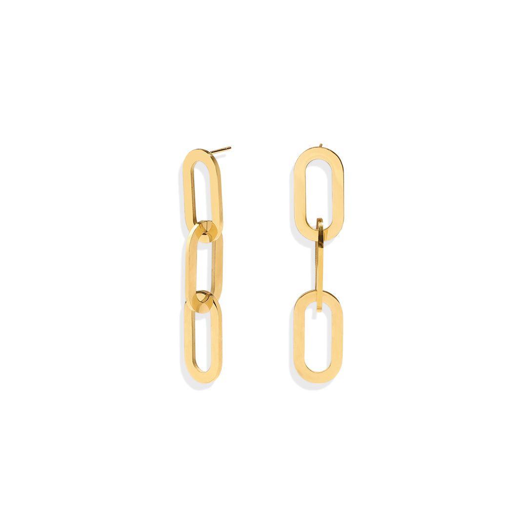A pair of chunky chain link earrings made of gold-colored metal, featuring interlocking oval links with a straight post attachment.