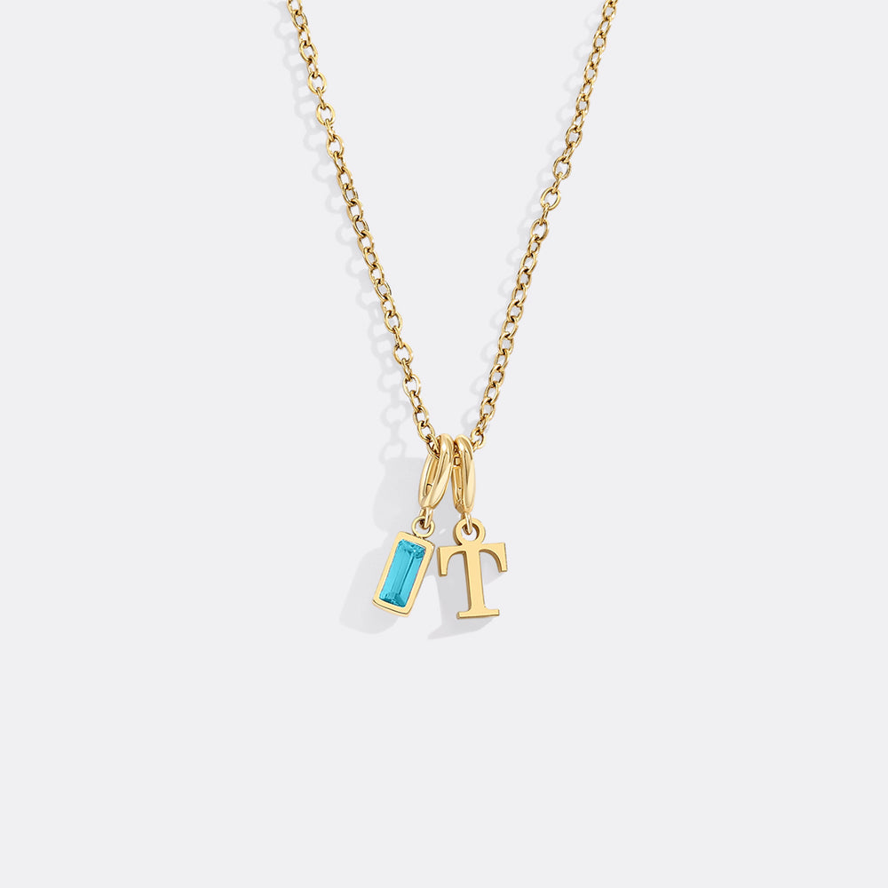 Gold necklace with two charms on a white background