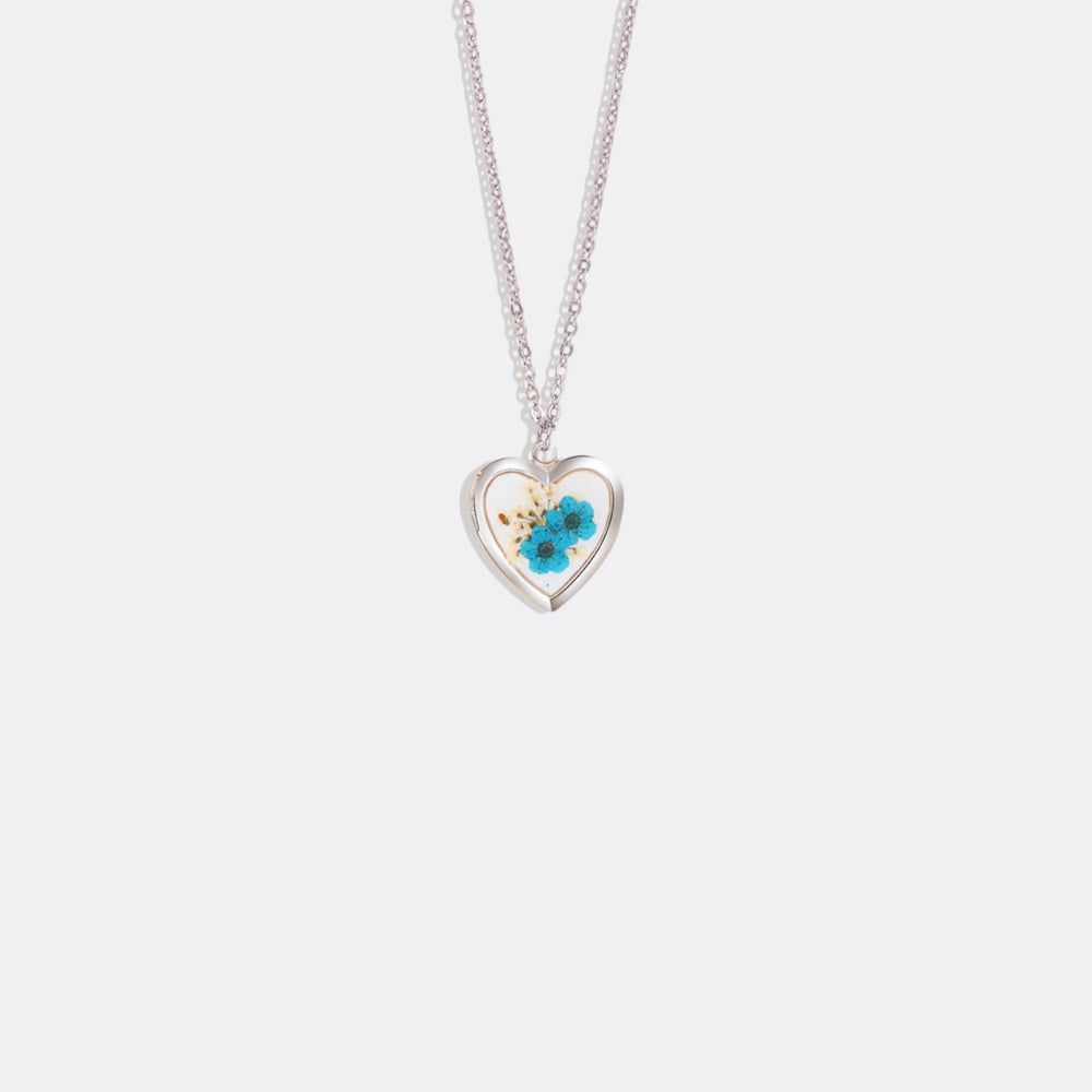 Handmade Pressed Flower Photo Heart Locket - Silver / Blue Forget-Me-Not