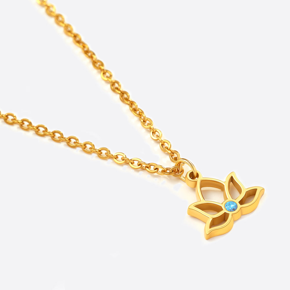 Mini Lotus Birthstone Pendant Necklace - Gold / March Aquamarine