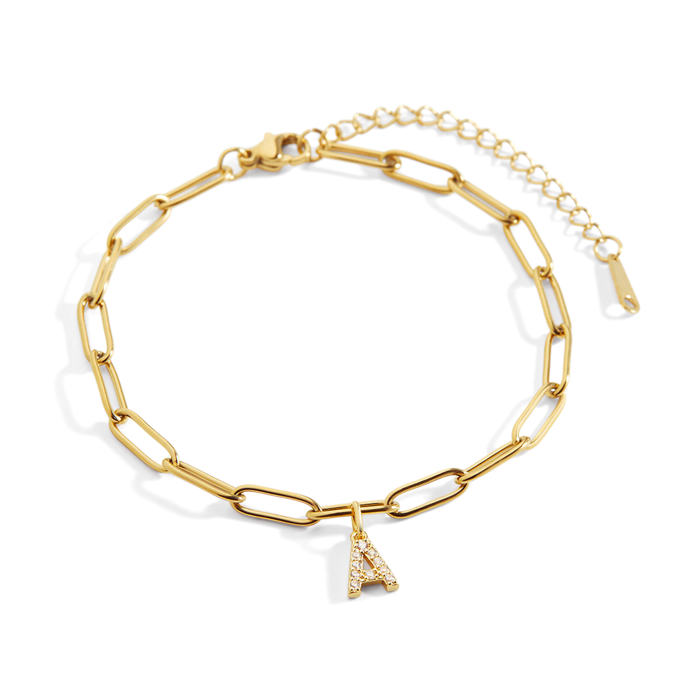 Paperclip Pave Initial Bracelet - A / 7.5" + 2"